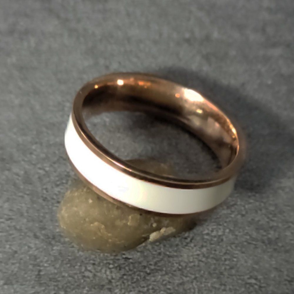 Men's Rose Gold Promise Ring Band - 14k Rose Gold and White Ceramic - Picture 3 of 6